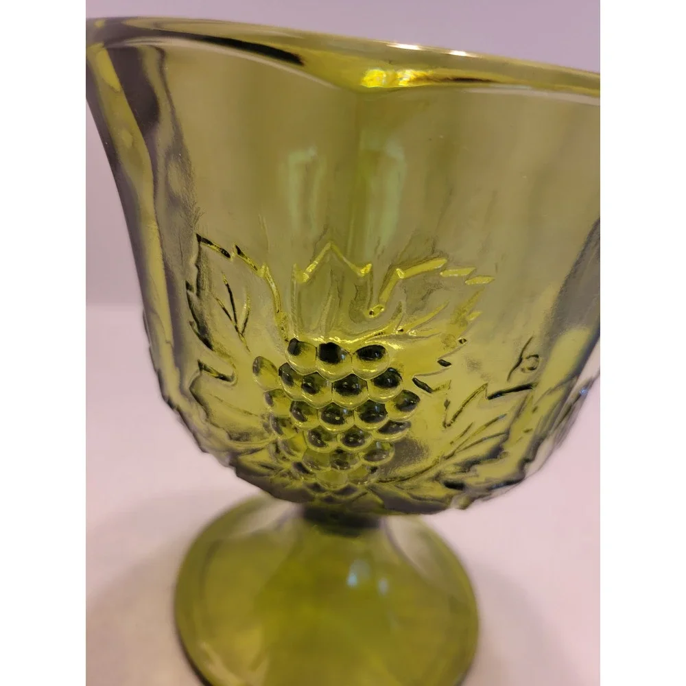 Vtg Glass Compote‎ Bowl Olive Green Harvest Grape Embossed Pedestal Dish
